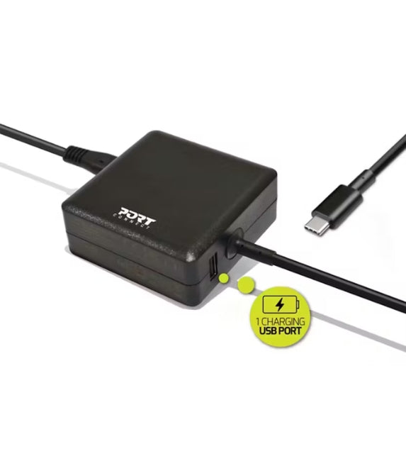 Port Designs 65W Type-C Laptop Power Supply with Charging USB Port