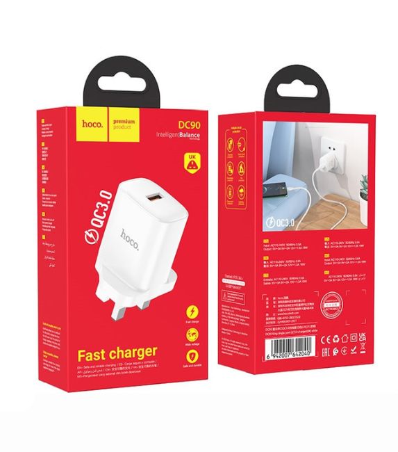 Cargador Hoco DC90 King de un solo puerto QC3.0 de 18 W, color blanco