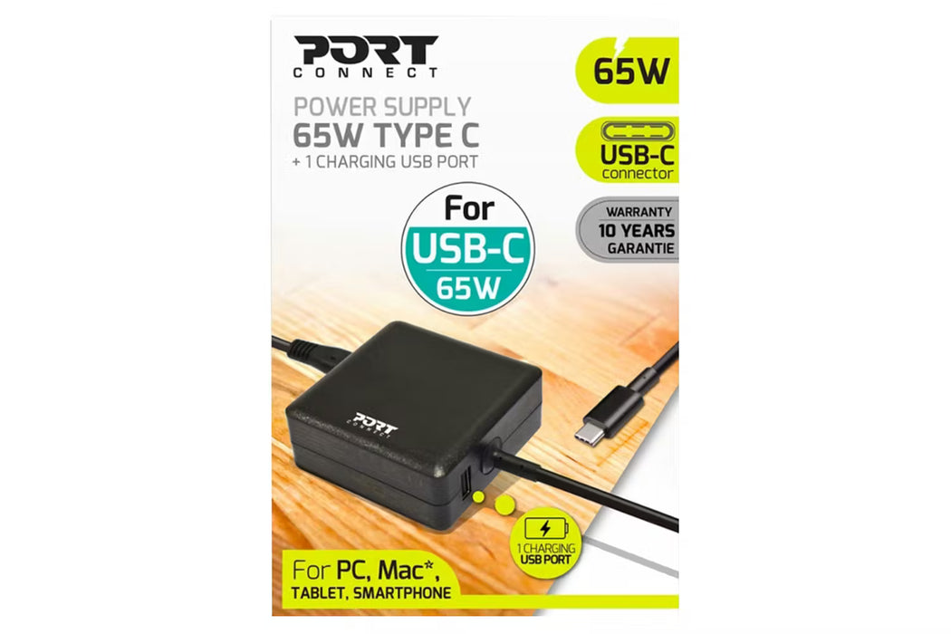 Port Designs 65W Type-C Laptop Power Supply with Charging USB Port