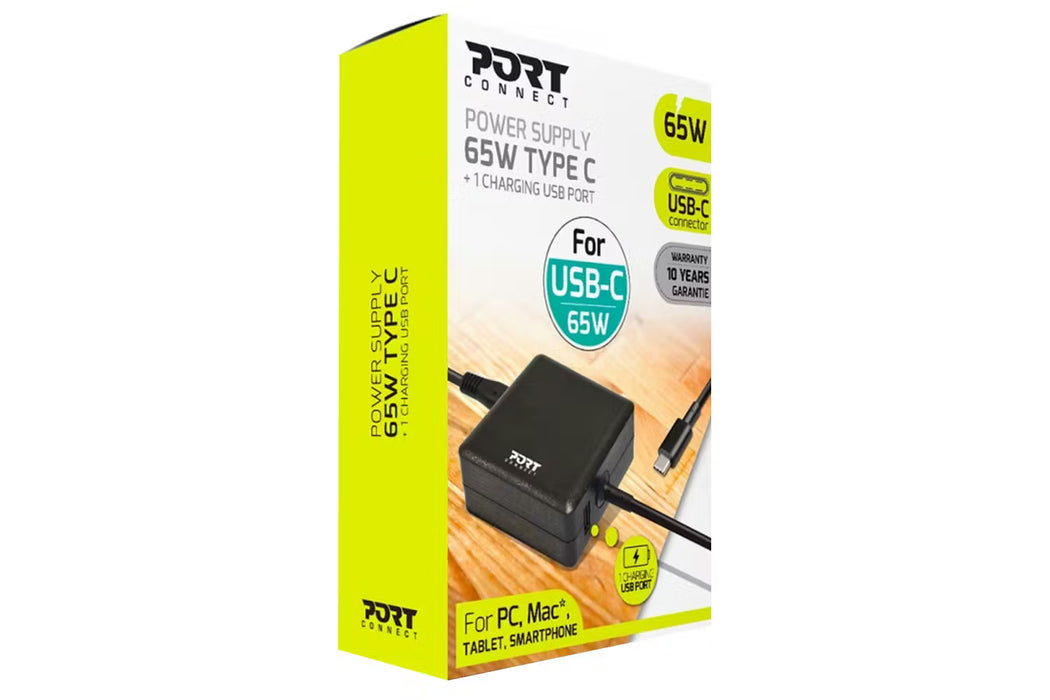Port Designs 65W Type-C Laptop Power Supply with Charging USB Port